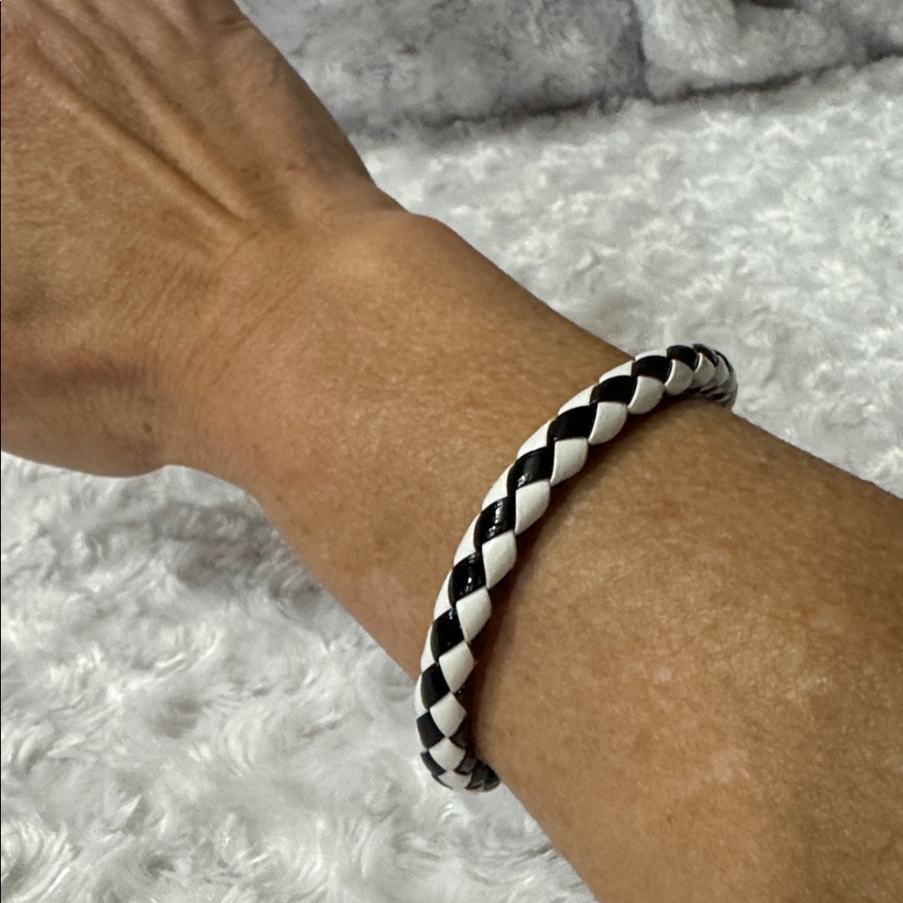Black and White Braided Bracelet with Crystal Accent - Picture 2 of 2